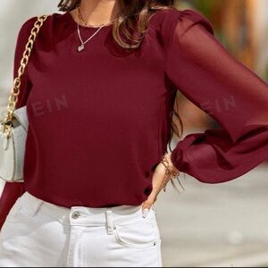 Chic Burgundy Sheer Sleeve Blouse keyhole back- Women’s XL (12)